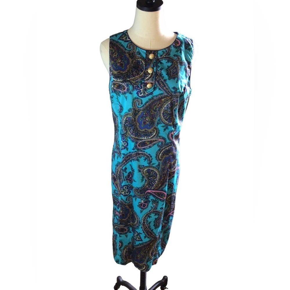 Talbots Shift Dress Size 12 Paisley Print Blue Fully Lined Sleeveless Back Zip
